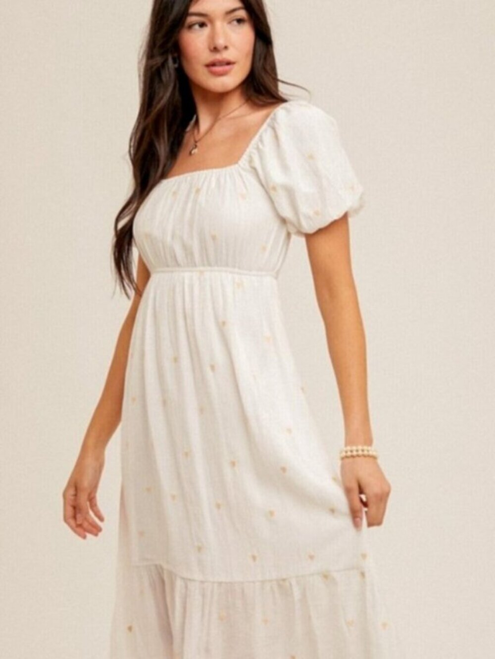 HEM & THREAD Bubble Sleeve Heart Embroidered Dress White NWT